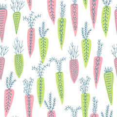 Line art root vegetables. Carrots on transparent backdrop in doodle style. Funny sketch, seamless pattern