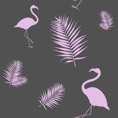 Vector illustration of a silhouette of a pink flamingo with palm leafs