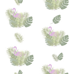 Fototapeta na wymiar Vector illustration of a silhouette of a pink flamingo in palm leafs
