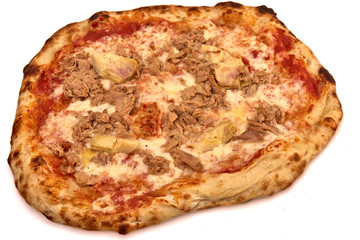 Homemade fresh delicious gourmet pizza whit garlic, tuna and artichokes,Tasty italian pizza isolated on white background ,Close up with selective focus