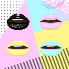 Universal trend poster juxtaposed with bright bold geometric leaves foliage yellow, blue and pink elements. Background in laconic fashion style. Lips with lipstick in pin style