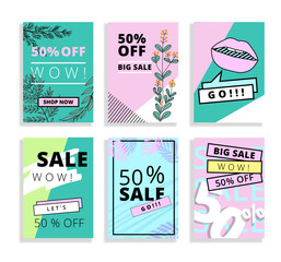 Summer card set. Vector collection of bright summer cards. Hand-draw flowers. Beautiful summer posters with bright bold geometric leaves foliage yellow, blue and pink elements.