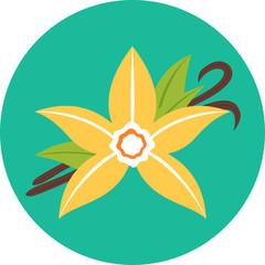 Vanilla flower with sticks, flat icon. Spices blossom. Yellow petals of blooming vanilla flower with pods. Ingredient for baking. Colorful vector illustration