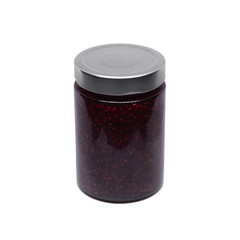 Glass jar of crimson jam isolated