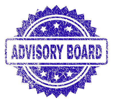 ADVISORY BOARD stamp watermark with grunge style. Blue vector rubber seal print of ADVISORY BOARD tag with corroded texture.