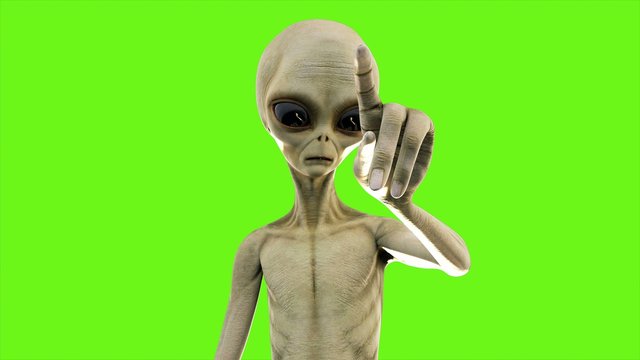 Alien presses the button on green screen. 3D Rendering.