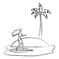 beach landscape with woman in surfboard