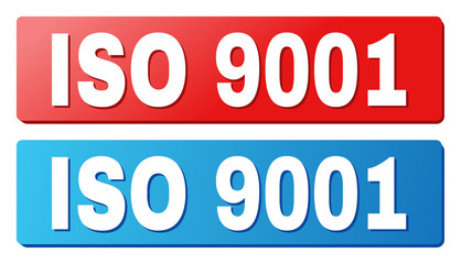 ISO 9001 text on rounded rectangle buttons. Designed with white title with shadow and blue and red button colors.
