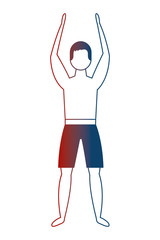 man in swimsuit with hands up