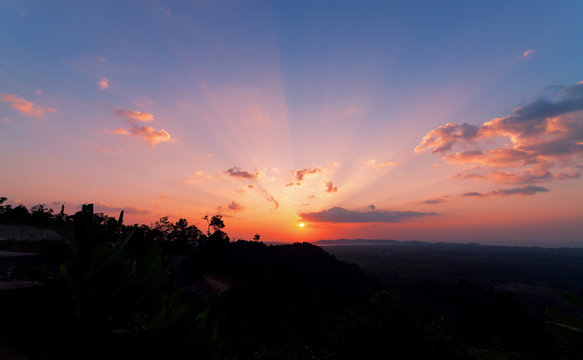 Fototapeta Beautiful light in the Sunset or sunrise over tropical sea scenery view high mountain background landscape.
