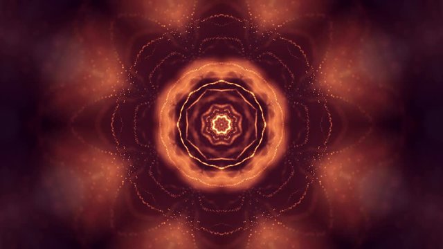 4k seamless 3d animation as sci-fi background with glow particles and depth of field, bokeh. Glowing floating particles form curves, surfaces, grid or virtual space. Golden red round structures v4