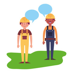 workers contruction in overalls talking