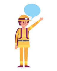 man miner in helmet and equipment speech bubble