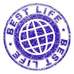 BEST LIFE stamp imprint with distress effect. Blue vector rubber seal imprint of BEST LIFE title with unclean texture. Seal has words placed by circle and planet symbol.