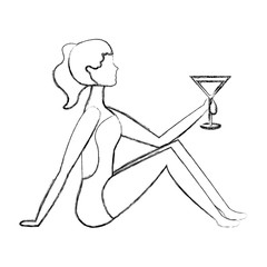 happy woman in swimsuit with cocktail