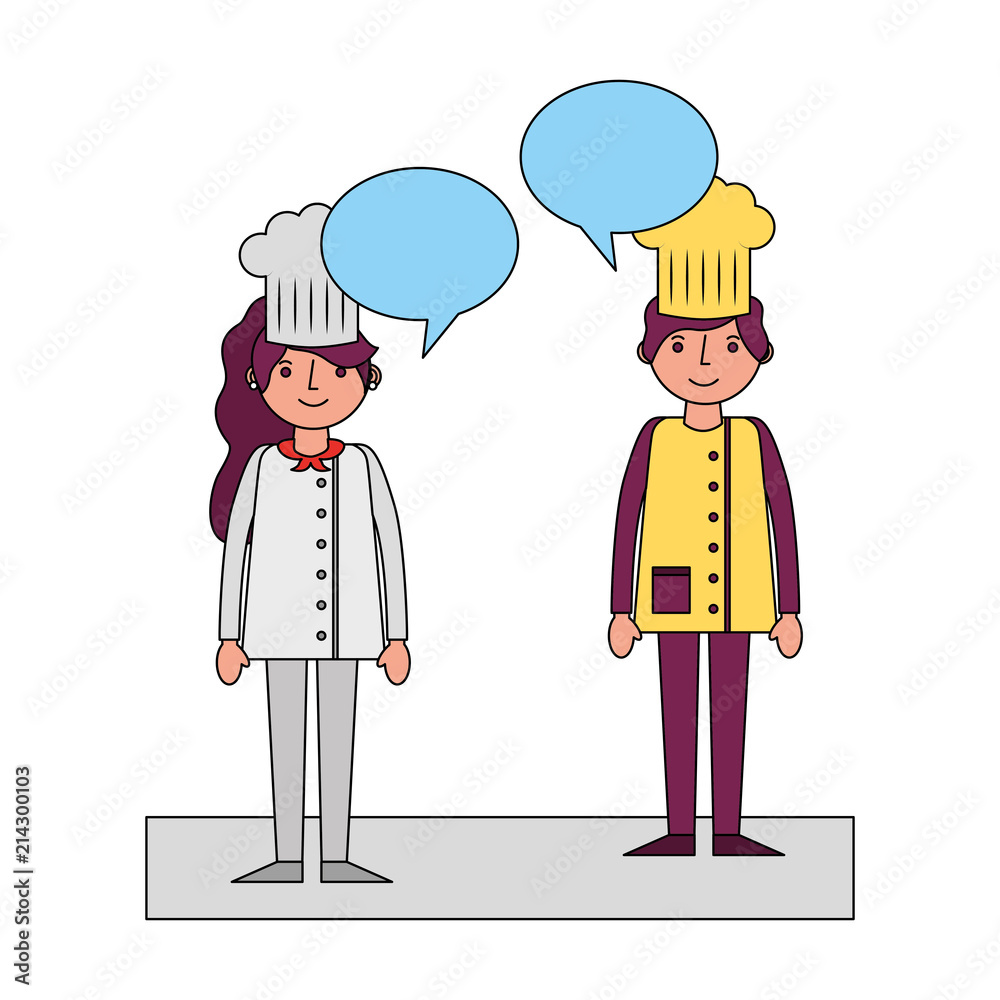 Sticker restaurant chefs couple with speech bubbles