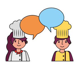 restaurant chefs couple with speech bubbles