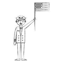 commercial airplane pilot in uniform holding american flag labor day