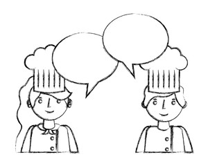 Obraz na płótnie Canvas woman and man chef talking speech bubble