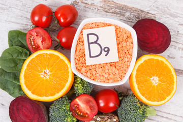 Nutritious different ingredients containing vitamin B9, natural minerals and folic acid, healthy nutrition concept