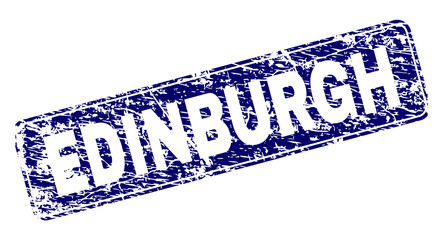 EDINBURGH stamp seal print with grunge texture. Seal shape is a rounded rectangle with frame. Blue vector rubber print of EDINBURGH text with corroded texture.