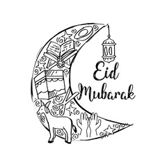 Eid mubarak greeting card in  cartoon doodle style