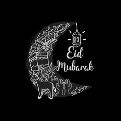 Eid mubarak greeting card in  cartoon doodle style