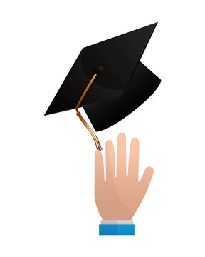 hand with graduation hat celebration vector illustration