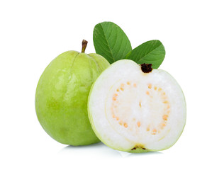 whole and half guava fruit with green leaf isolated on white background