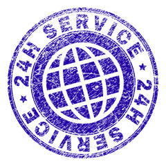 24H SERVICE stamp imprint with distress texture. Blue vector rubber seal imprint of 24H SERVICE tag with grunge texture. Seal has words placed by circle and planet symbol.