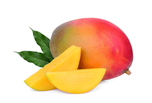 whole and slice ripe mango fruit with green leaves isolated on white background