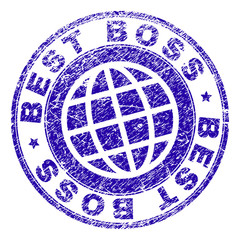 BEST BOSS stamp imprint with grunge style. Blue vector rubber seal imprint of BEST BOSS label with dirty texture. Seal has words placed by circle and planet symbol.