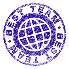 BEST TEAM stamp print with grunge texture. Blue vector rubber seal print of BEST TEAM label with retro texture. Seal has words arranged by circle and planet symbol.