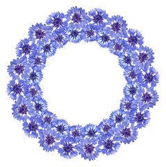 Round frame of cornflowers on a white background.