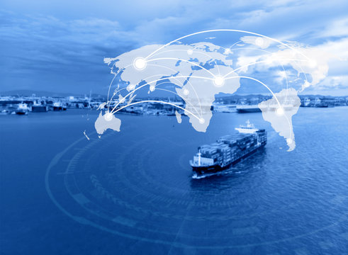 Map global connection concept,Industrial Container Cargo freight ship for Logistic Import Export background background (Elements of this image furnished by NASA)