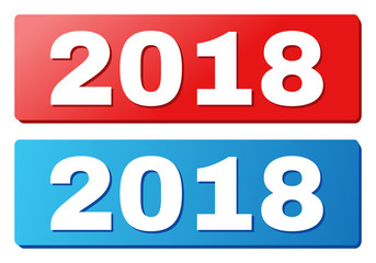 2018 text on rounded rectangle buttons. Designed with white title with shadow and blue and red button colors.