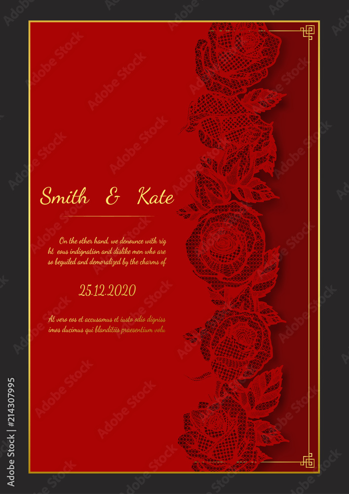 Wall mural Rose lace wedding card.Red rose vector art highly detailed in line art style.Wedding card lace style on red background.