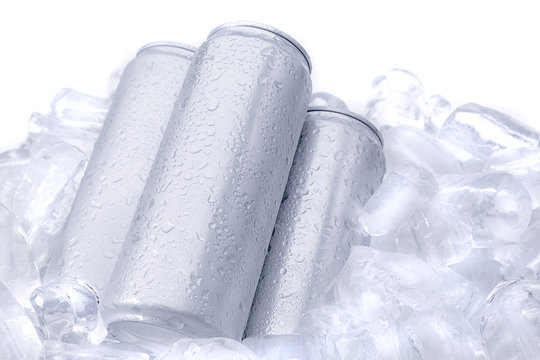 Aluminum beverage drink can on ice isolated on white background. Metal color silver for your design..