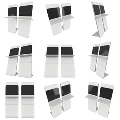 LCD Screen Stand. Trade Show Booth set. 3d render of tv info kiosk isolated on white background. High Resolution. Ad template for your expo design.