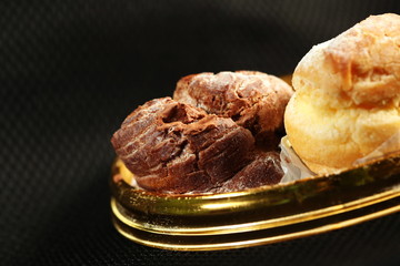 Bakery on plastic tray.