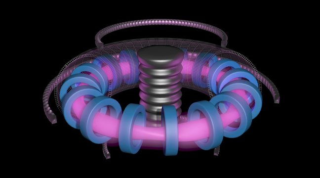 Fusion Reactor stellarator style. 3d render art concept. Wireframe Outer shell , rings, coils, glowing plasma