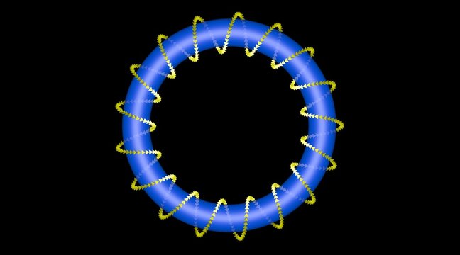Toroidal Magnetic field lines . Fusion energy. 3d render. Helical path flow. Top view