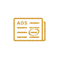 Newspaper ads icon in gold glitter texture. Sparkle luxury style vector illustration.