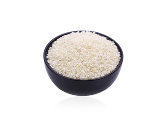 Japanese rice in black cup isolated on white background