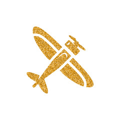 Vintage airplane icon in gold glitter texture. Sparkle luxury style vector illustration.