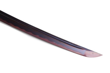 Folded steel blade of Japanese sword  (Chinese made) red color by titanium coated isolated in white...