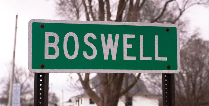 A Simple Green Sign Marks the City Limit of Boswell Indiana