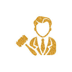 Auctioneer icon in gold glitter texture. Sparkle luxury style vector illustration.