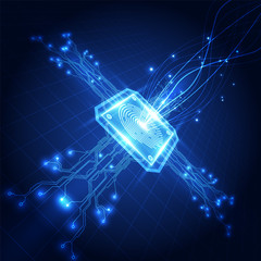 Fingerprint integrated in a printed circuit, releasing binary codes. fingerprint Scanning Identification System Security Concept. Vector illustration background