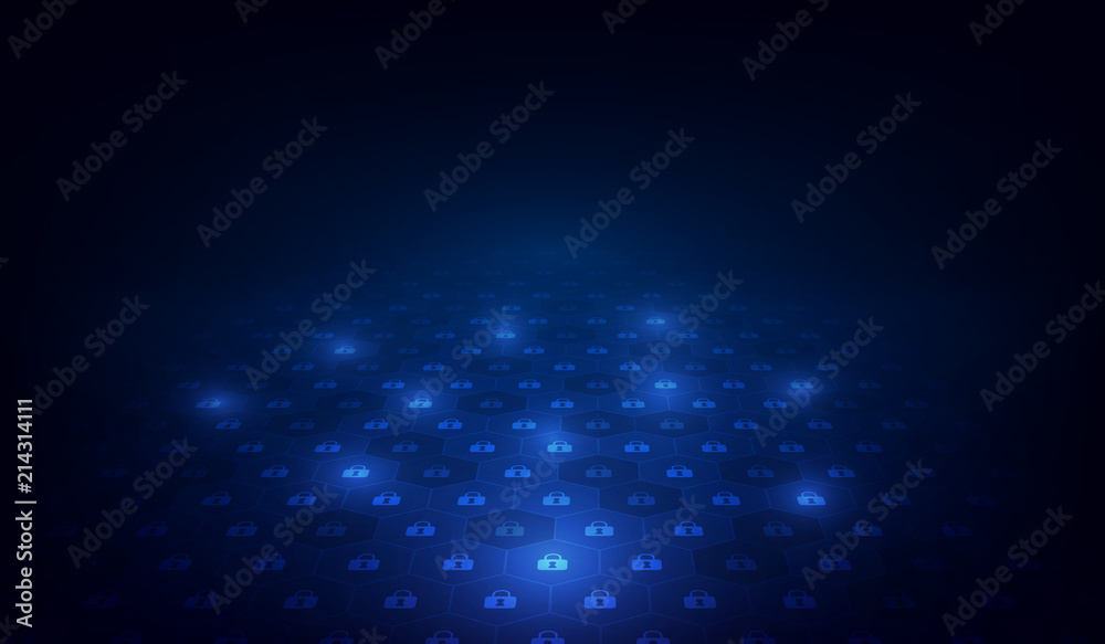 Poster blockchain circuit networking concept. distributed ledger technology. locks are located in hexagonal